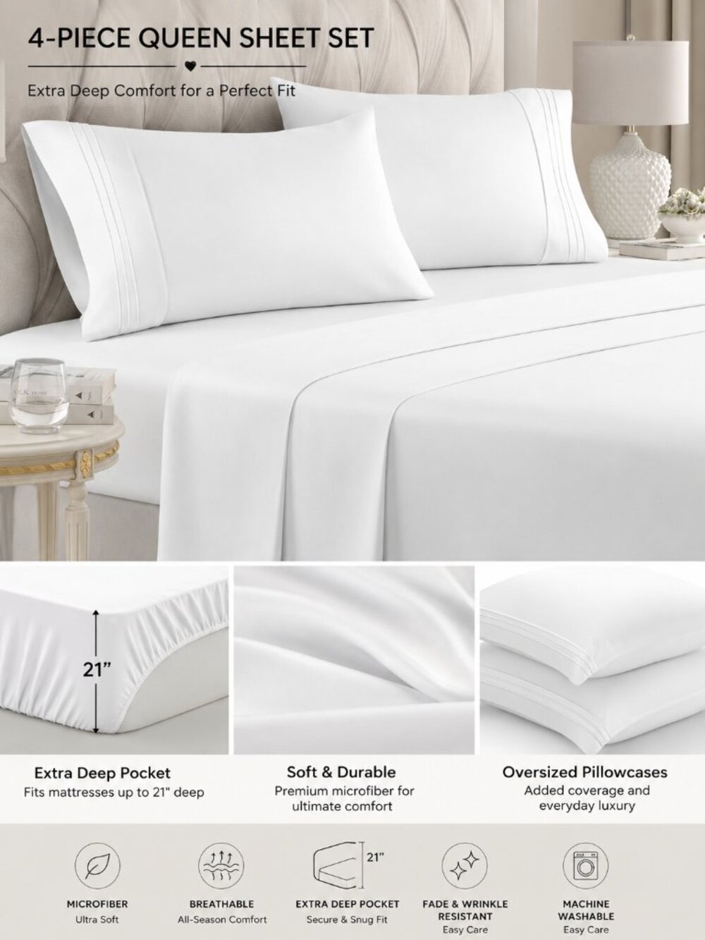 CGK Linens Queen Extra Deep Pocket Sheet Set 4 Piece 21 Inch NIP